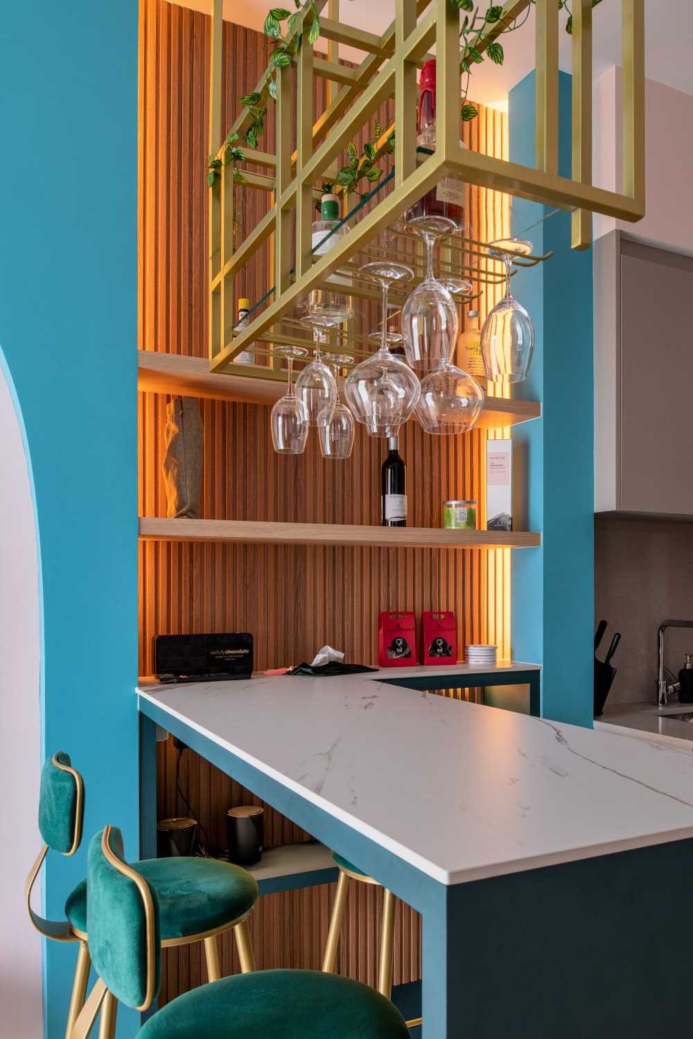 Eclectic Wine Cellar with Drinkware and Shelving Units