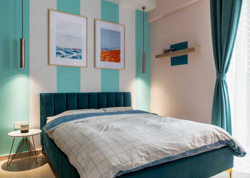 Eclectic Bedroom with Bookshelf and Queen Bed
