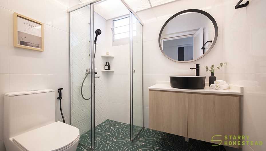 Scandinavian Bathroom with Mirror and Rainshower