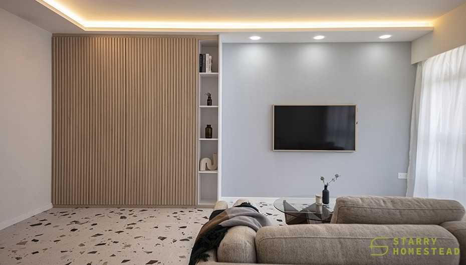 Scandinavian Living Room with Storage Cabinets and Lighting