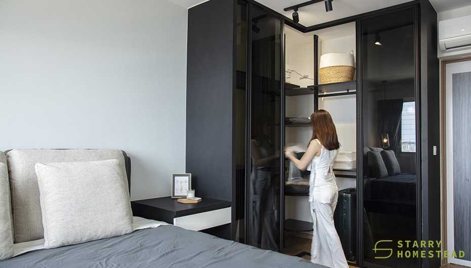 Scandinavian Bedroom with Closet and Bed