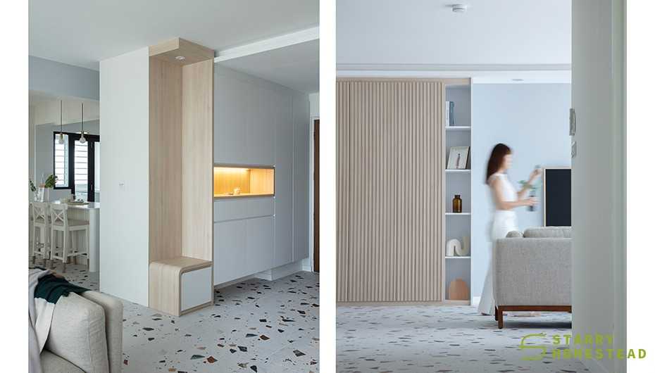Scandinavian Entryway with Seating Bench and Shoe Cabinets