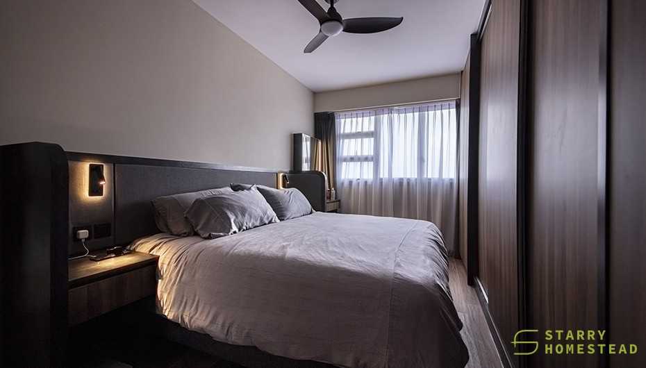 Eclectic Bedroom with Wood Flooring and Wardrobe