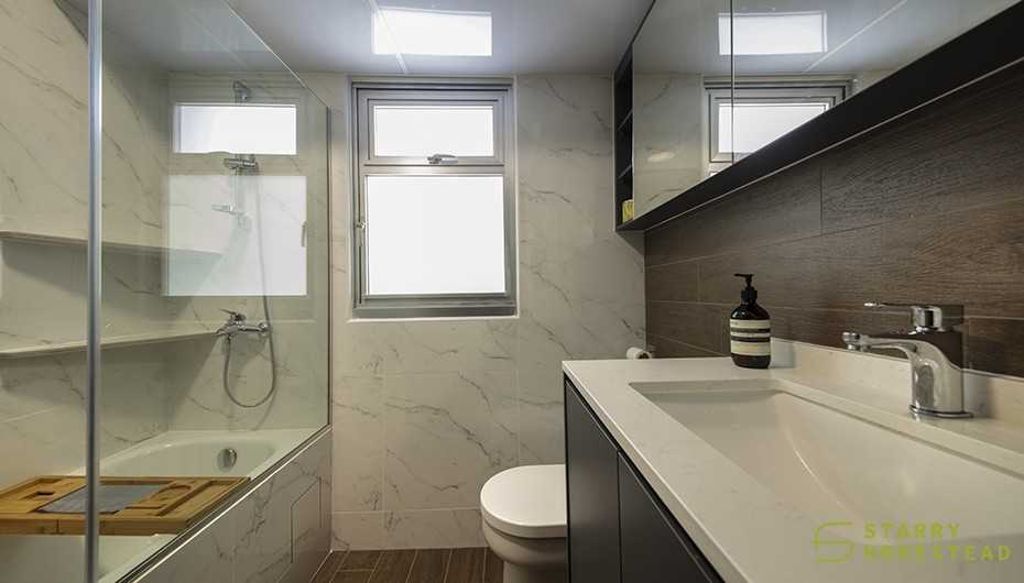 Eclectic Bathroom with Wood Flooring and Shower Screen