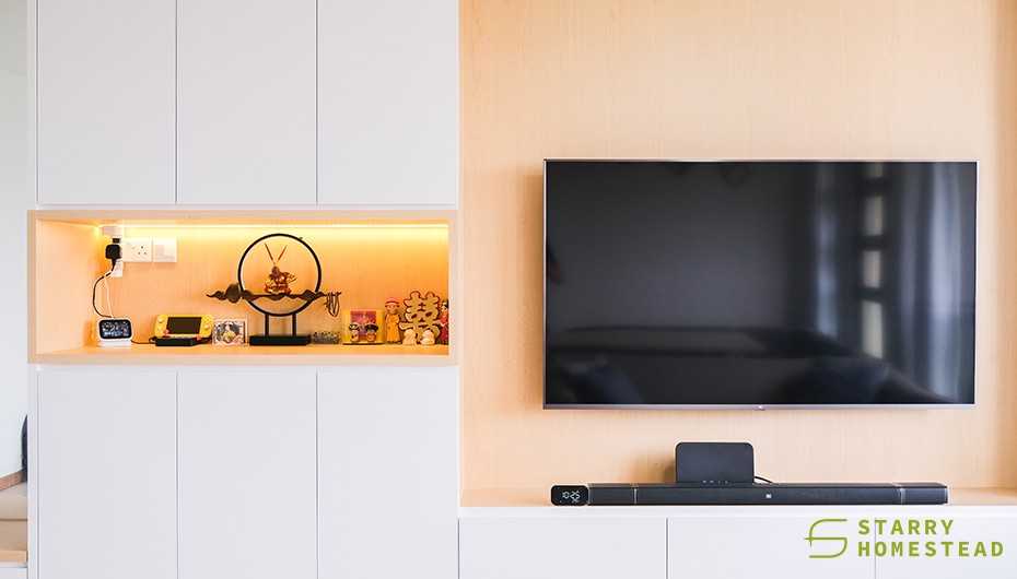 Scandinavian Living Room with Feature Wall and Display Cabinets