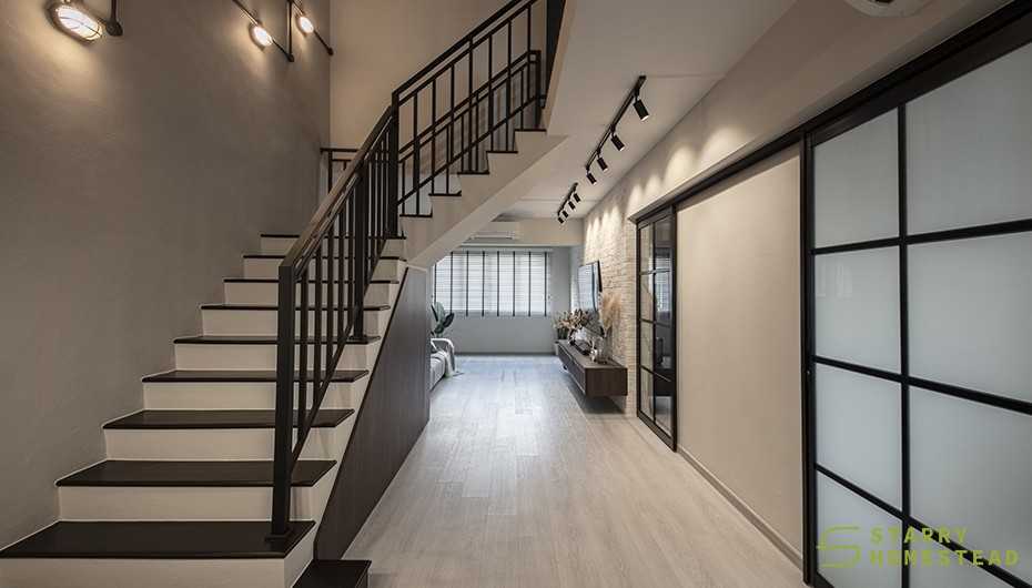 Country Hallway with Wood Flooring and Staircase