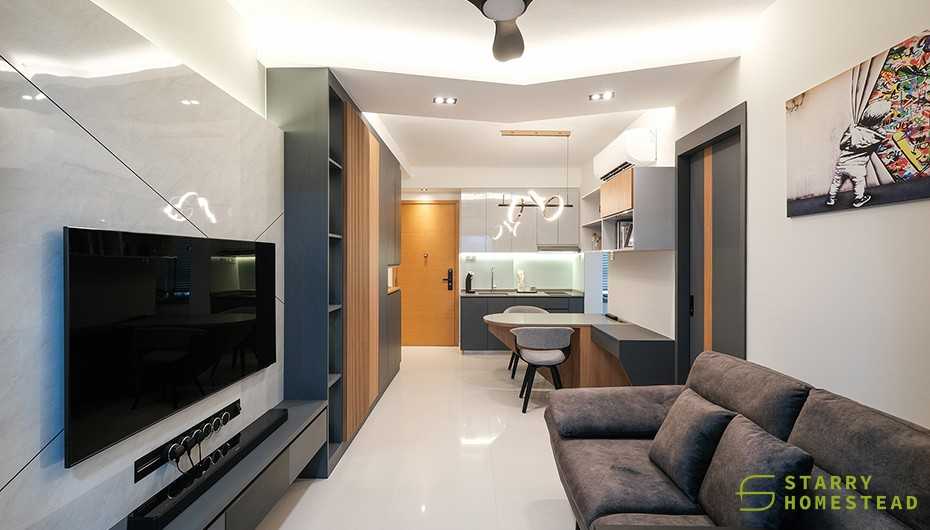 Modern Living Room with Display Cabinets and Flooring