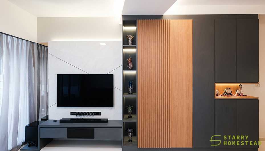 Modern Living Room with Feature Wall and Display Cabinets