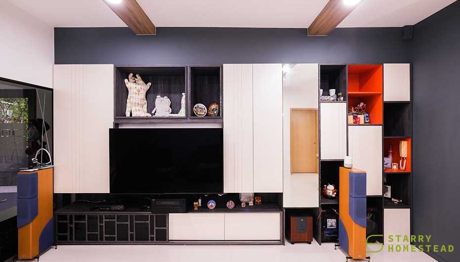 Contemporary Living Room with Marble Floor and Display Cabinets