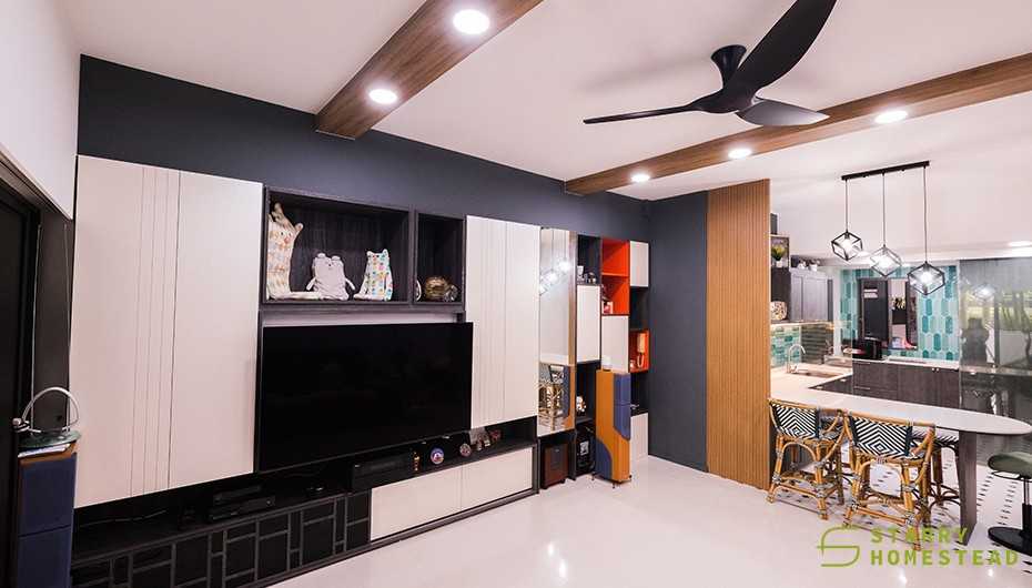 Contemporary Living Room with Display Cabinets and Lighting