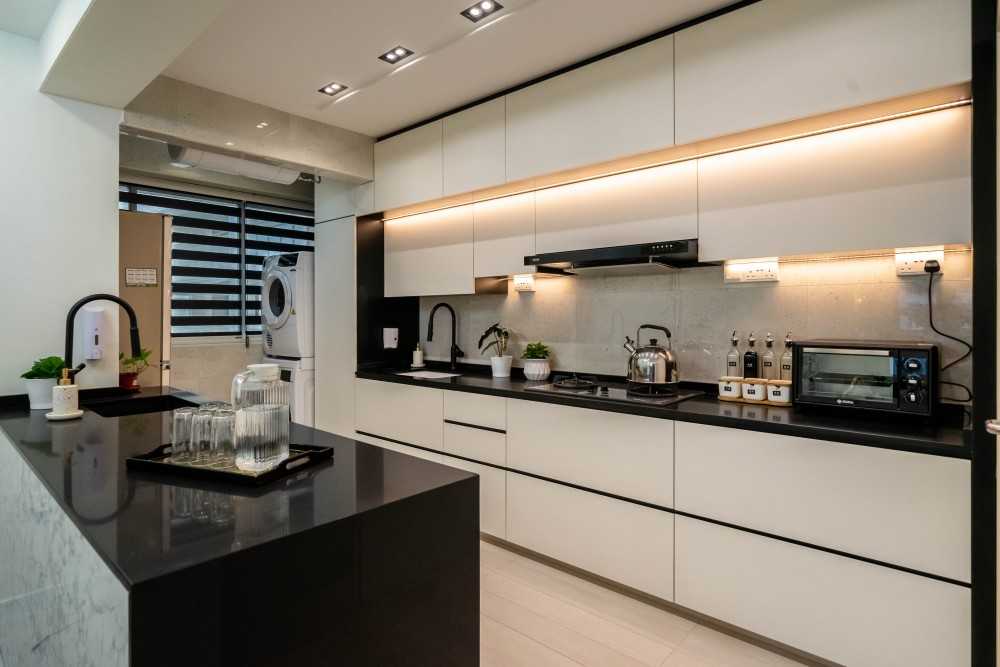Contemporary Kitchen with Wood Flooring and Kitchen Window