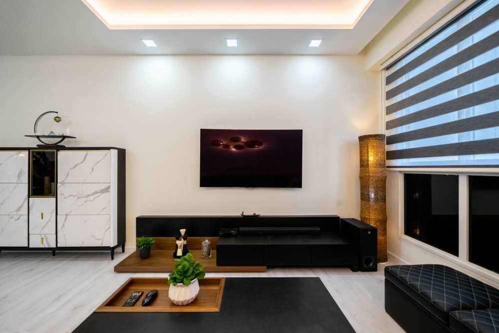 Contemporary Living Room with TV Console and Cove Lighting