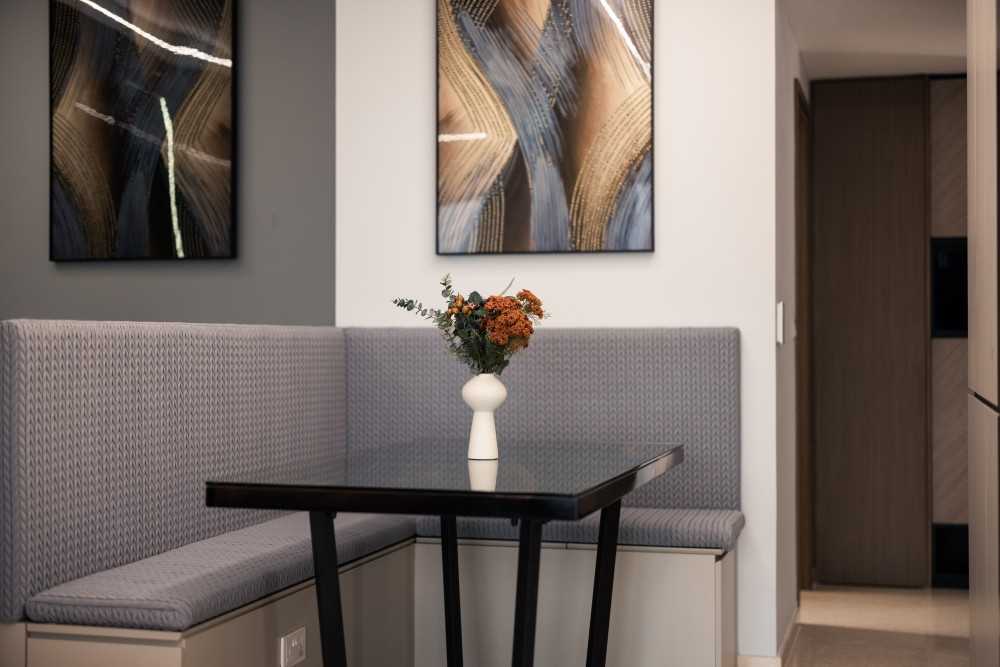 Contemporary Dining Room with Marble Floor and Dining Table