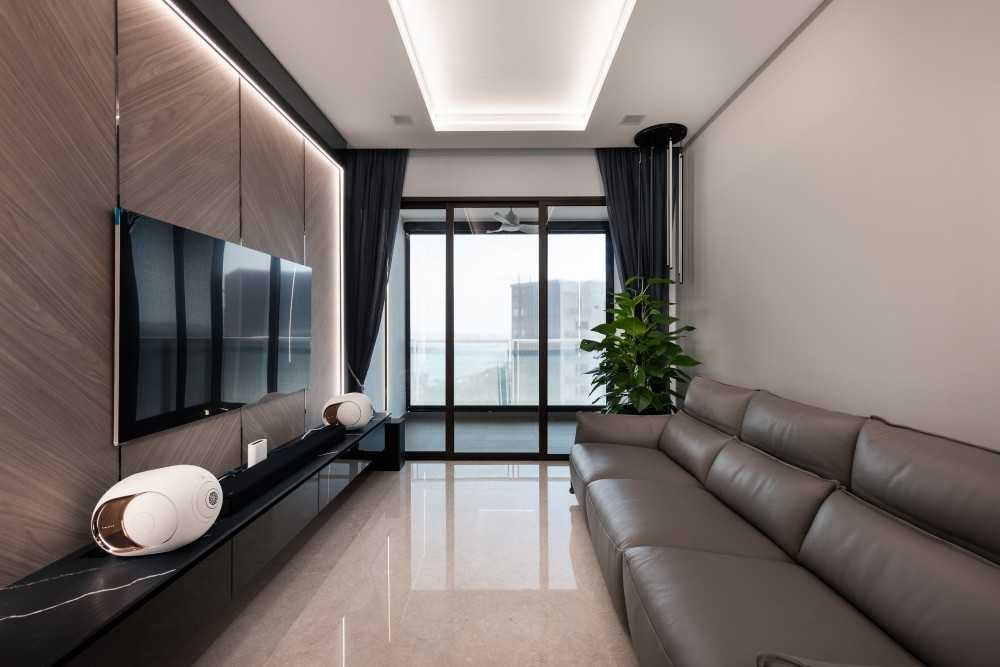 Contemporary Living Room with Feature Wall and Cove Lighting