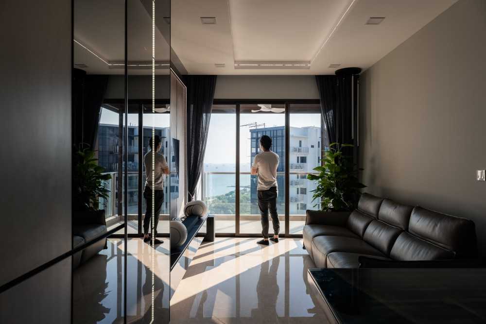 Contemporary Living Room with Marble Floor and Ceiling Light
