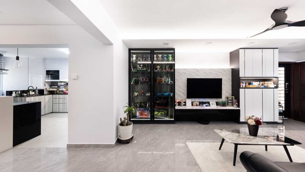 Contemporary Living Room with Marble Floor and Feature Wall