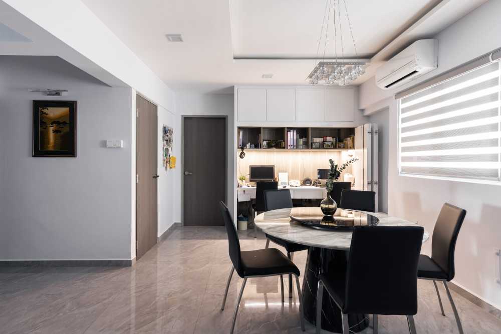 Contemporary Dining Room with Chandelier and Downlights