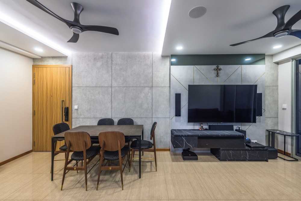 Contemporary Living Room with Homogeneous Tiles and TV Console