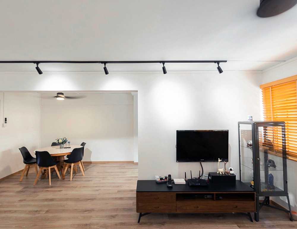 Scandinavian Dining Room with TV Console and Ceiling Fan