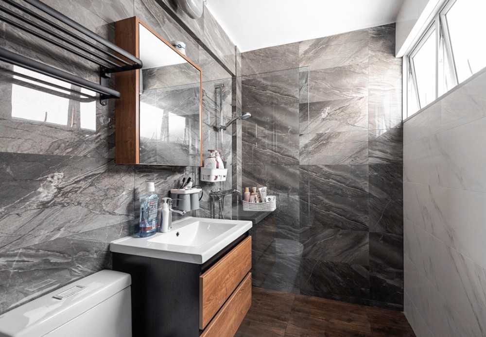 Scandinavian Bathroom with Wood Flooring and Mirror