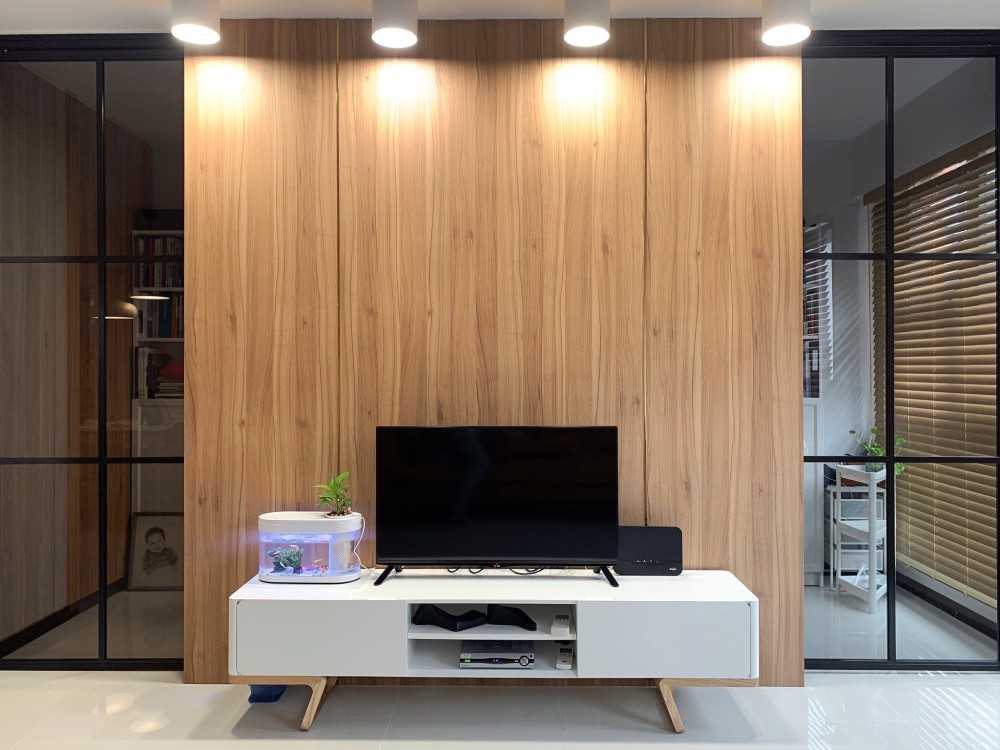 Contemporary Living Room with TV Console and Feature Wall