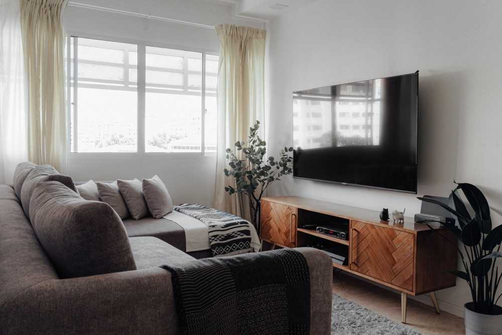 Scandinavian Living Room with Vinyl Flooring and TV Console