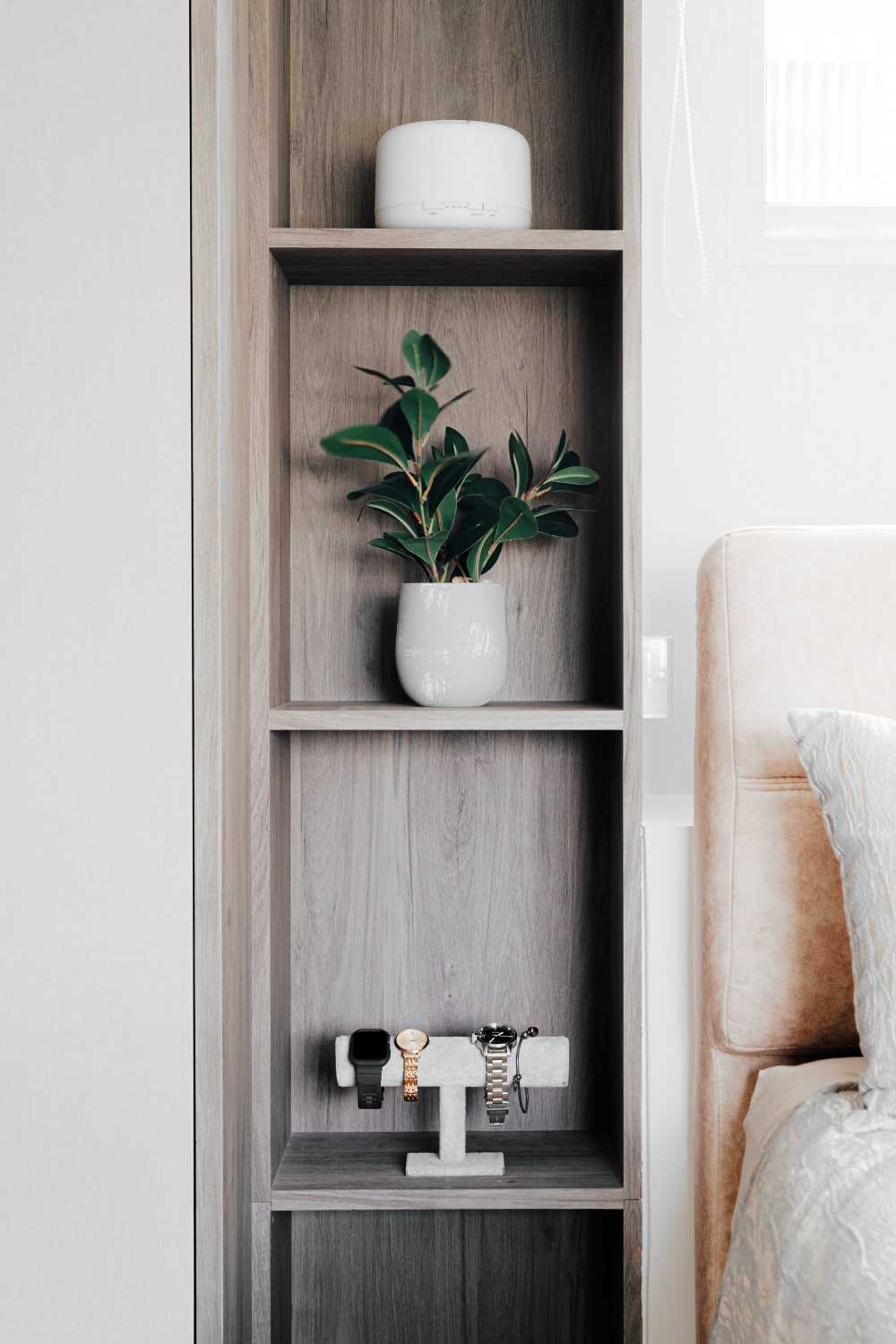 Scandinavian Bedroom with Bookshelf and Flooring