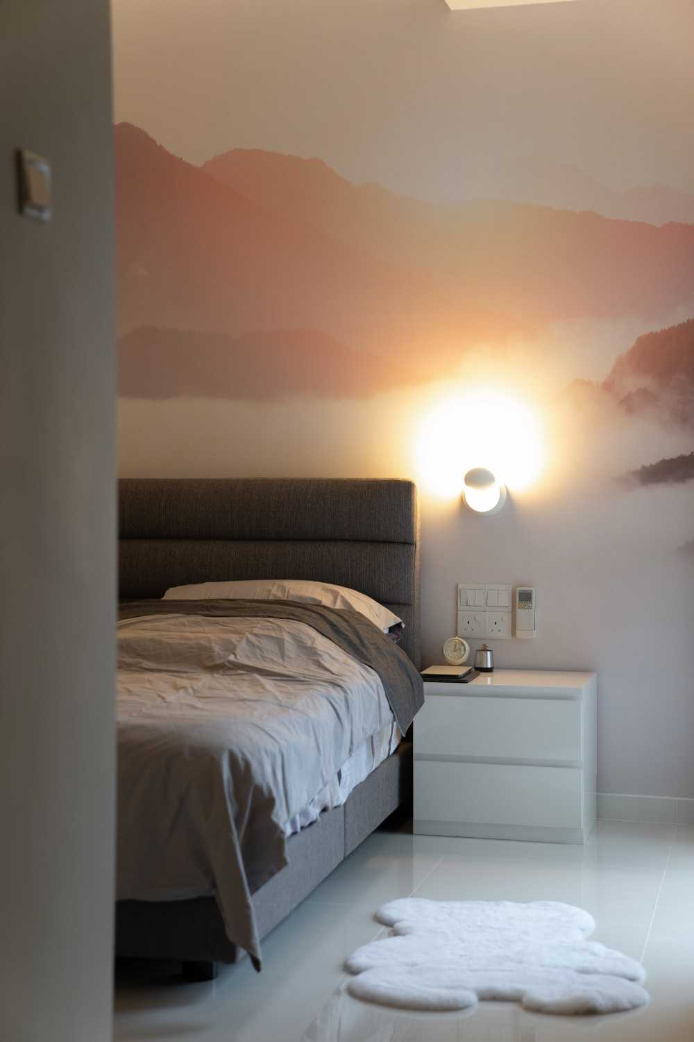 Scandinavian Bedroom with Carpet and Bedside Table