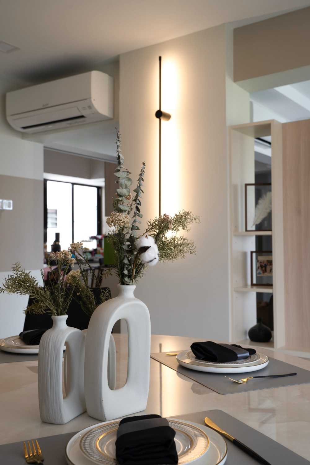 Scandinavian Dining Room with Dining Table and Tableware