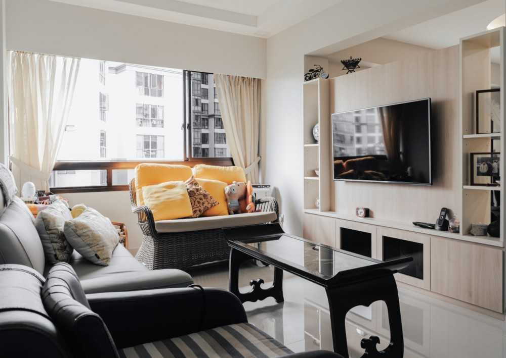 Scandinavian Living Room with TV Console and Curtain
