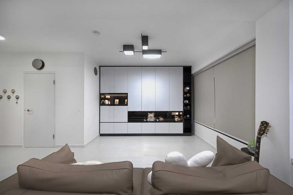 Modern Living Room with Homogeneous Tiles and Roller Blinds