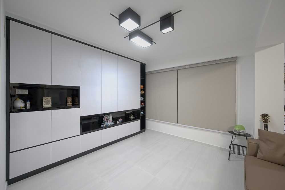Modern Living Room with Homogeneous Tiles and Roller Blinds