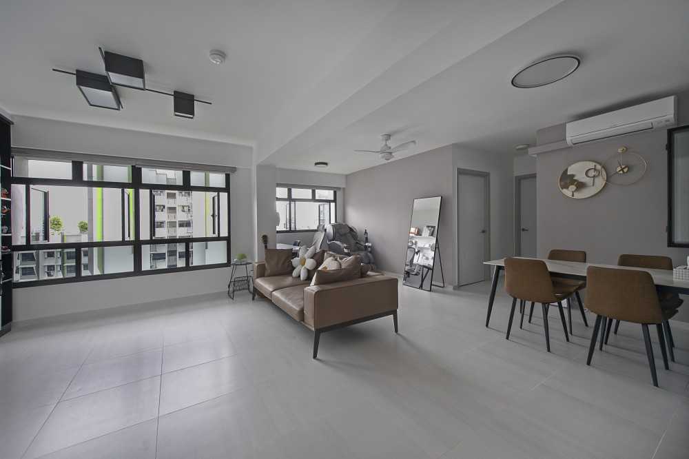 Modern Living Room with Homogeneous Tiles and Dining Table