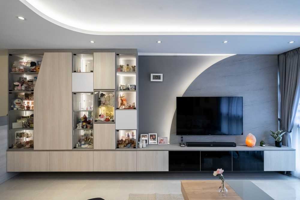 Contemporary Living Room with Wood Flooring and Feature Wall