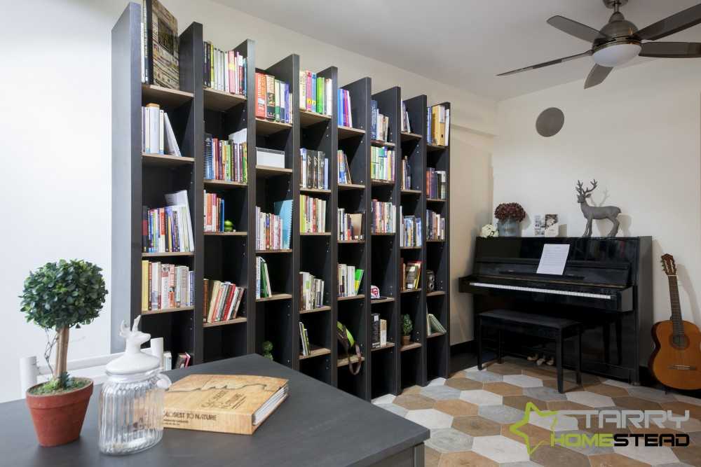 Scandinavian Living Room with Bookshelf and Tiles