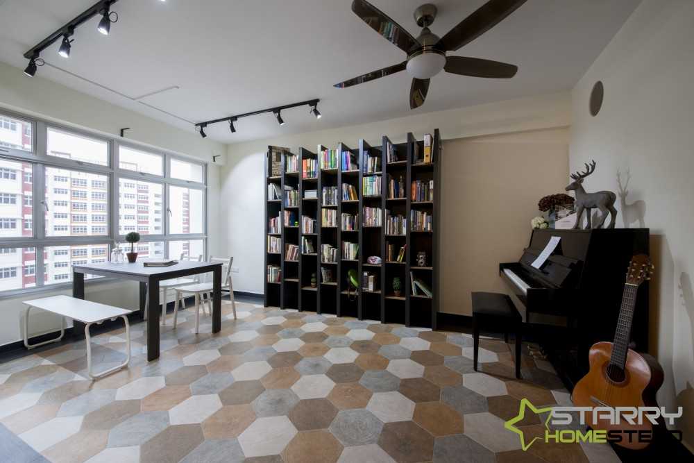 Scandinavian Living Room with Bookshelf and Seating Bench