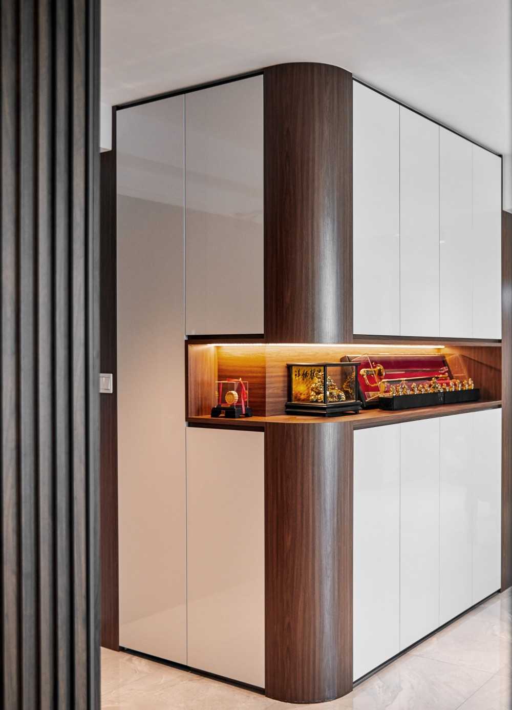 Contemporary Living Room with Feature Wall and Display Cabinets