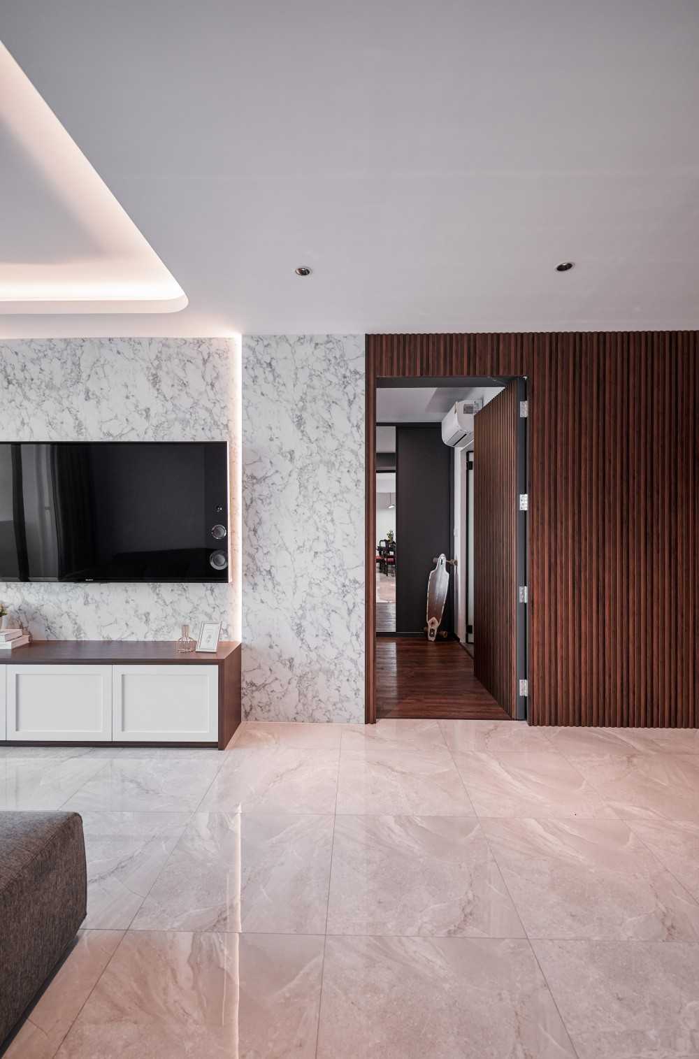 Contemporary Living Room with Feature Wall and Wood Feature Wall