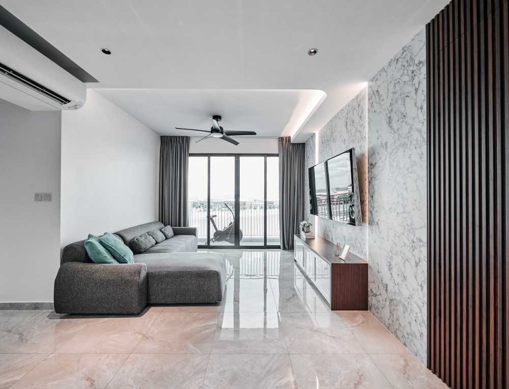 Contemporary Living Room with TV Console and Feature Wall