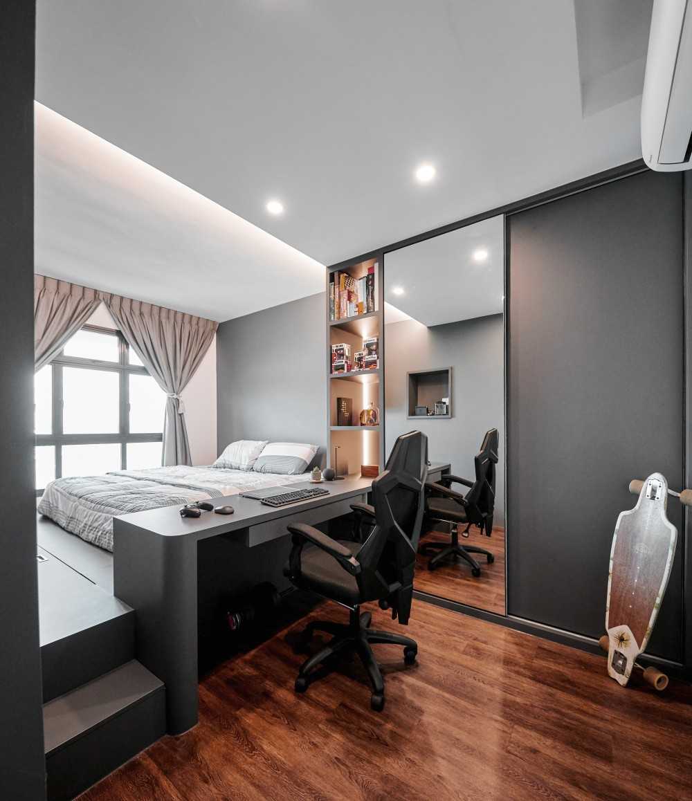 Contemporary Bedroom with Bookshelf and Platform Bed
