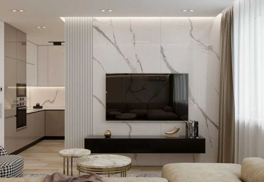 Contemporary Kitchen with Wood Flooring and TV Console