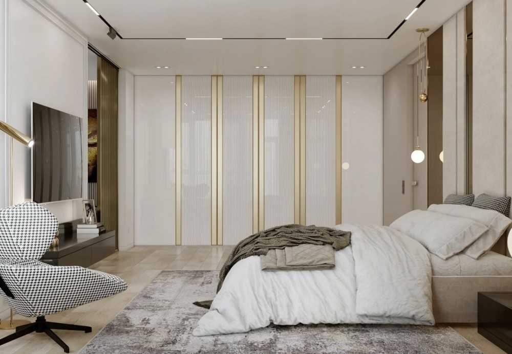 Contemporary Bedroom with Parquet Floor and TV Console