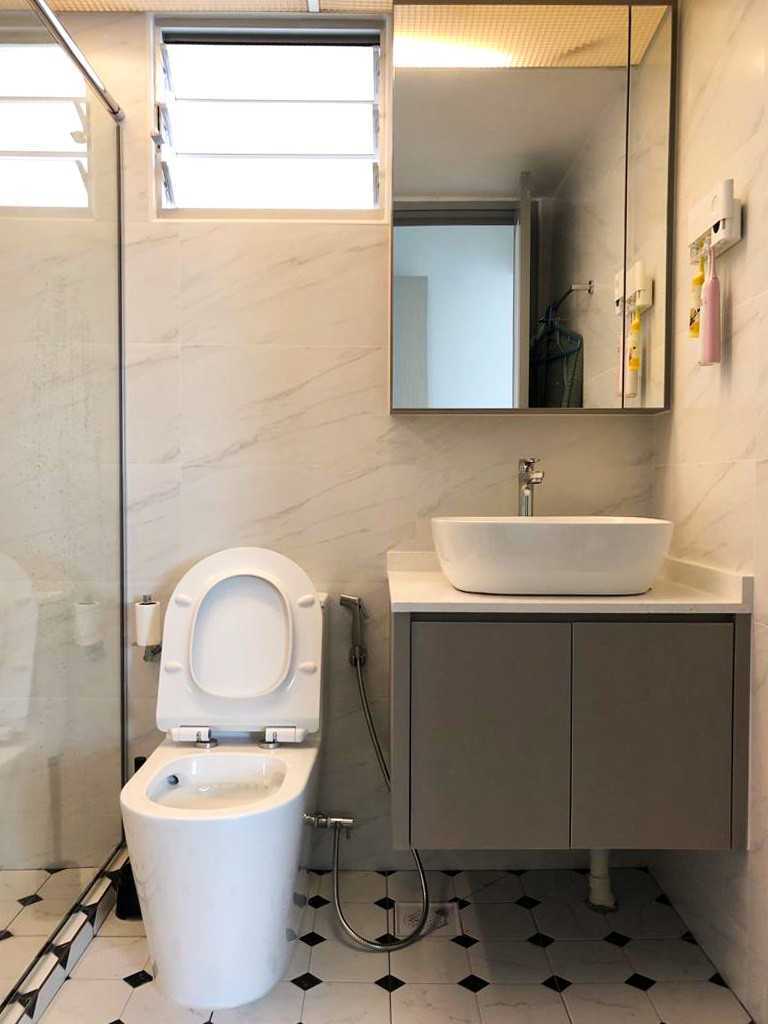 Scandinavian Bathroom with Feature Wall and Bathroom Storage