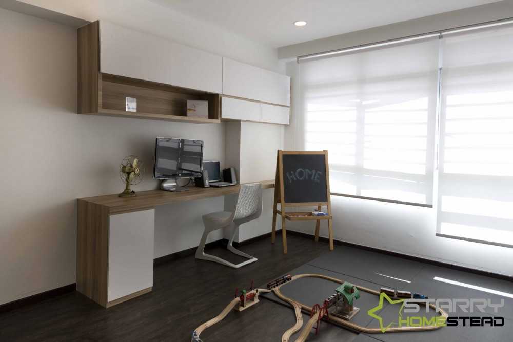 Minimalist Study with Desk Chairs and Wall Shelves