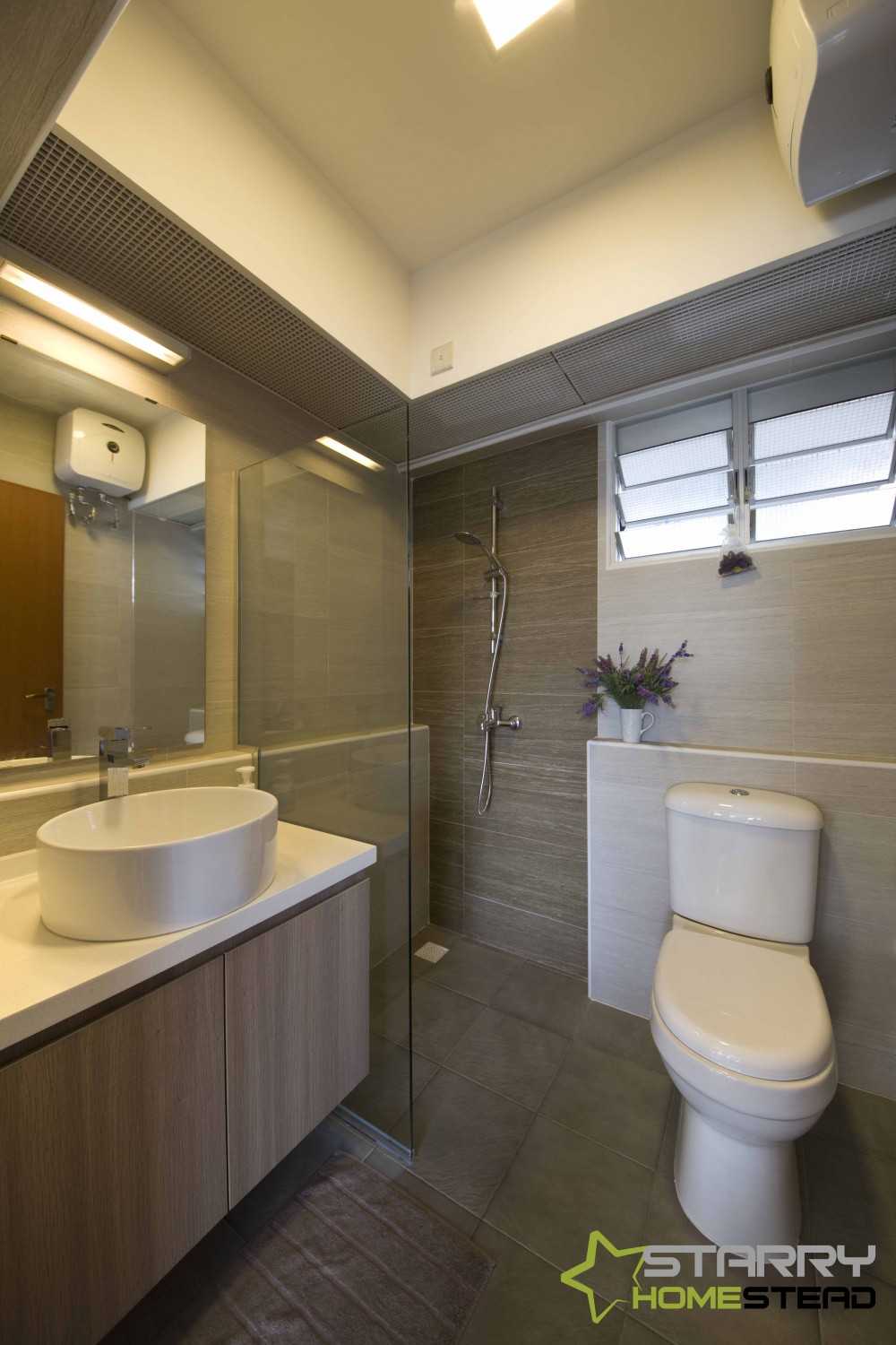 Minimalist Bathroom with Vanity Counter and Showers