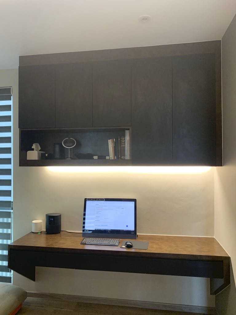 Modern Home Office with Paintings and Desk