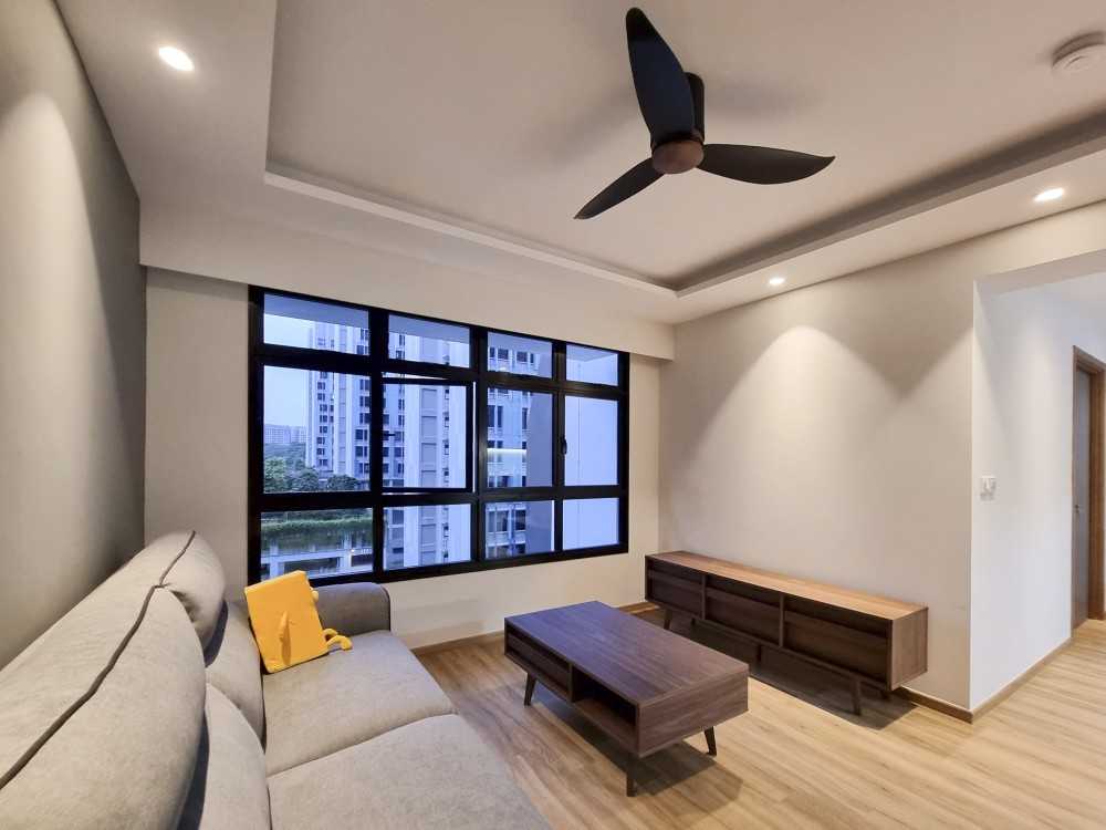Scandinavian Living Room with Wood Flooring and TV Console