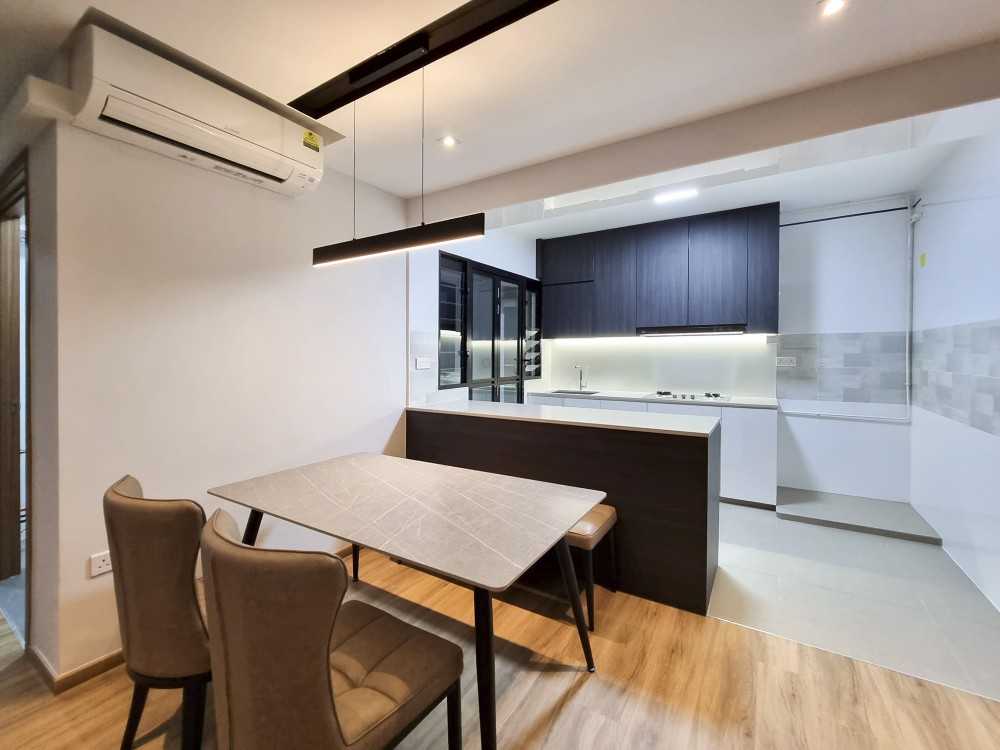 Scandinavian Dining Room with Dining Table and Paintings