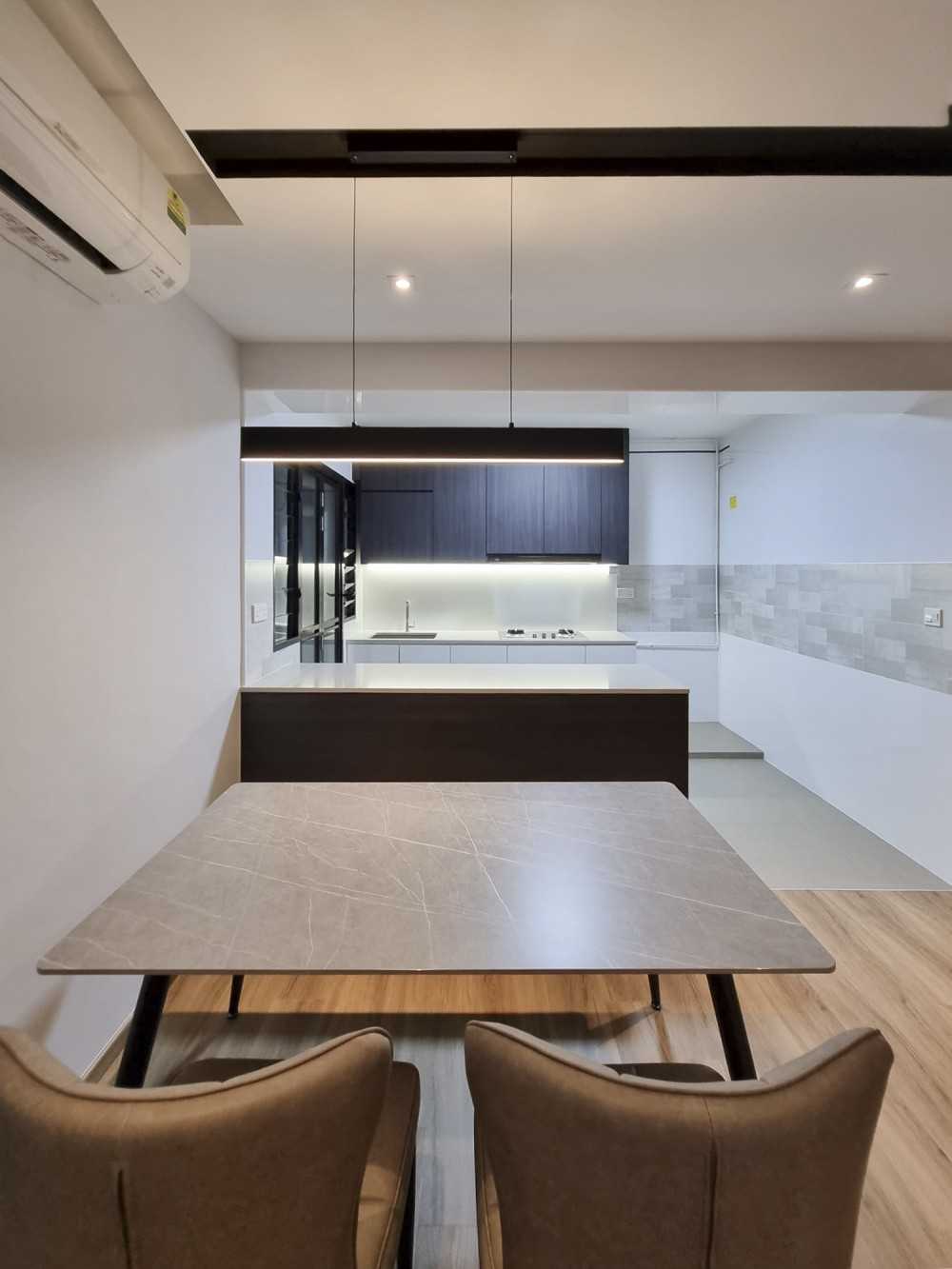 Scandinavian Dining Room with Drop Light and Dining Table