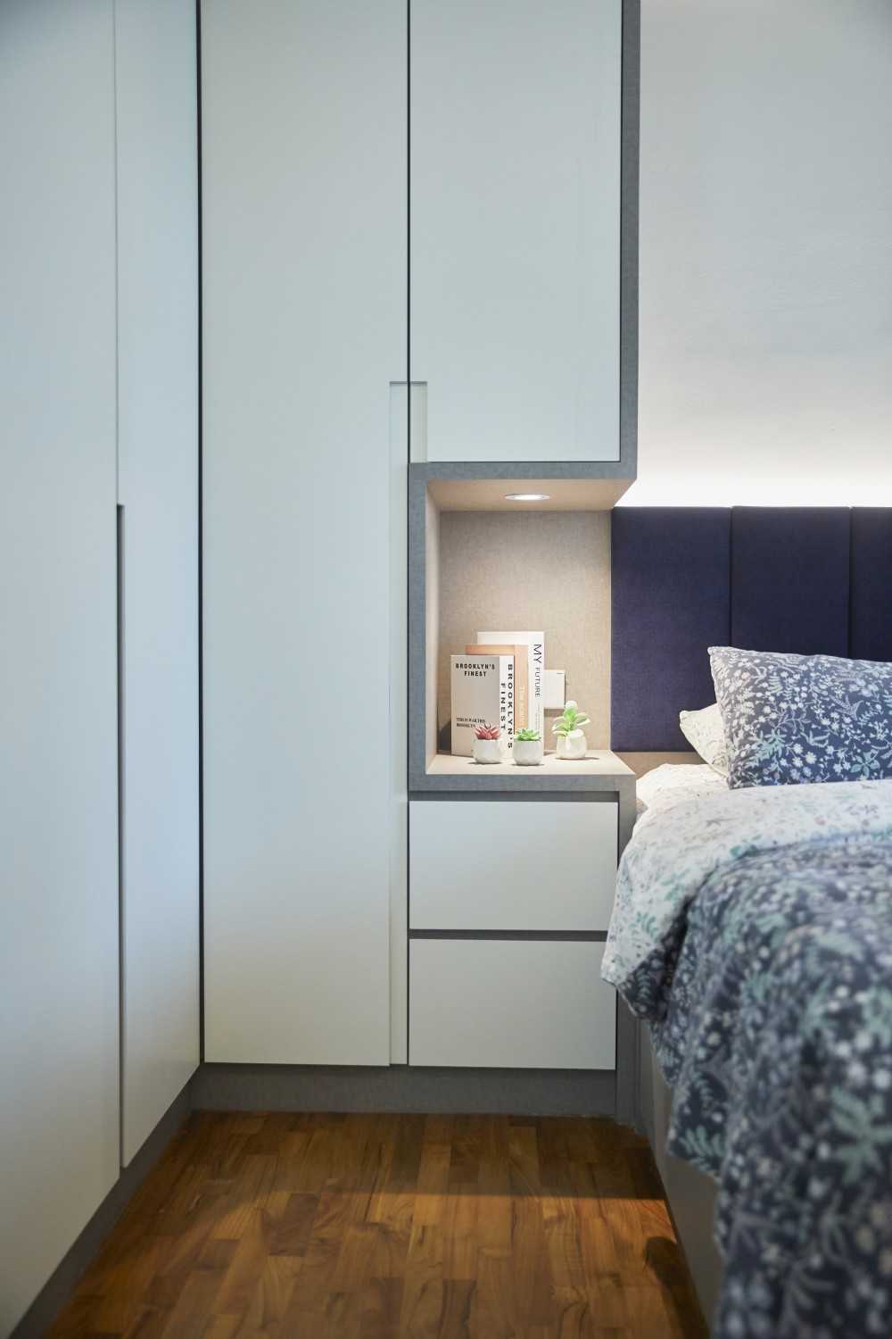 Scandinavian Bedroom with Wood Flooring and Wardrobe